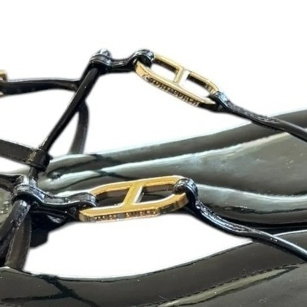 Tory Burch Womens Patent Sandals 7M Black T‎ Strap Thong Gold Link Minimalist